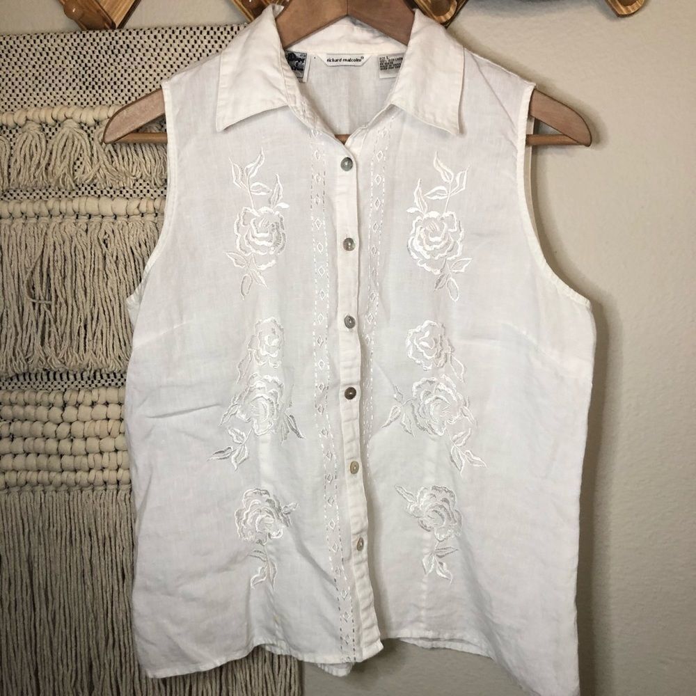 Richard Malcolm White Irish Linen Embroidered Top
